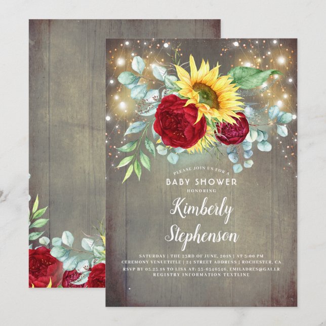 Sunflowers Burgundy Red Rustic Fall Baby Shower Invitation (Front/Back)