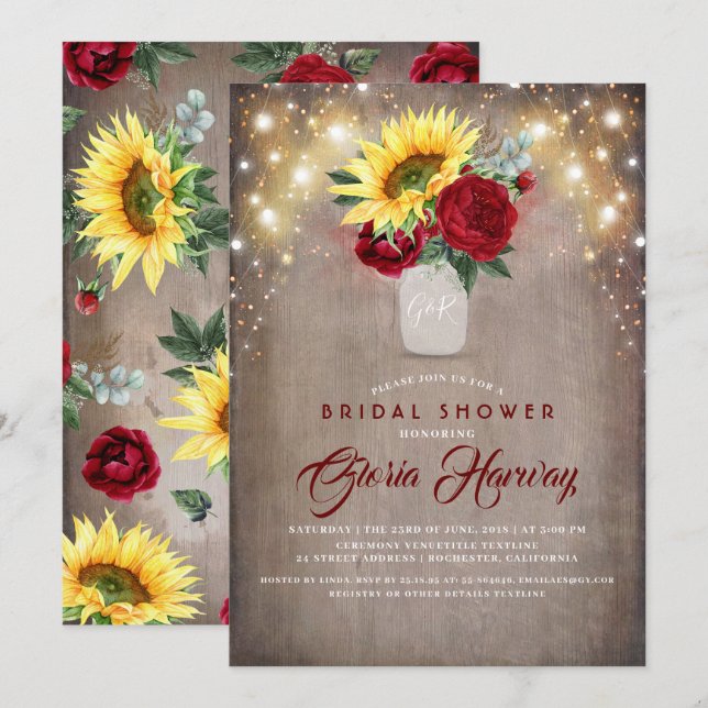 Sunflowers Burgundy Red Rustic Fall Bridal Shower Invitation (Front/Back)