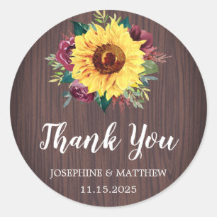 Sunflowers Burgundy Rose Wood Wedding Thank You Classic Round Sticker