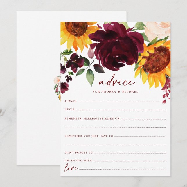 Sunflowers & Burgundy Roses Fall Wedding Advice Card (Front/Back)