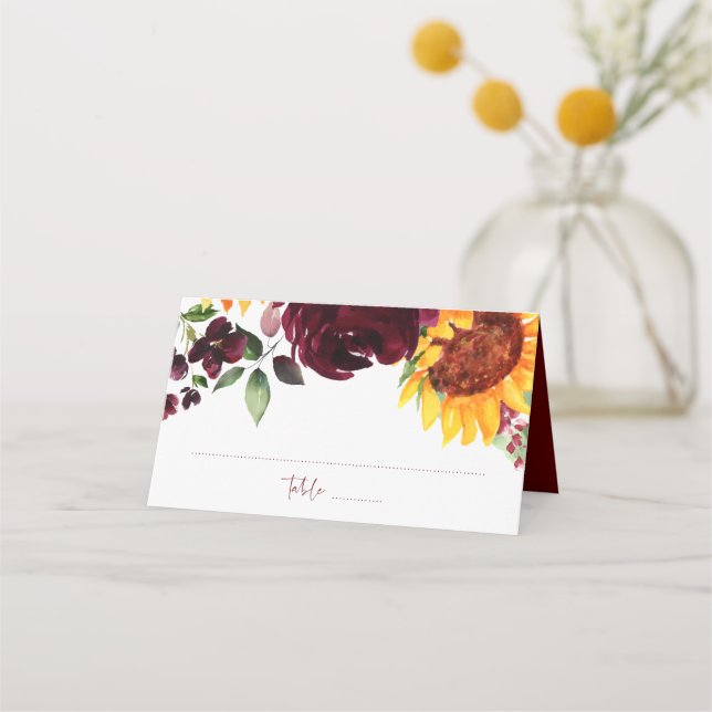 Sunflowers & Burgundy Roses Fall Wedding Place Card (Front)