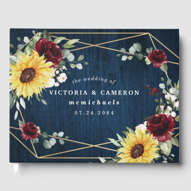Sunflowers Burgundy Roses Navy Geometric Wedding Guest Book (Front)