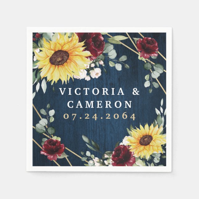 Sunflowers Burgundy Roses Navy Geometric Wedding Napkin (Front)