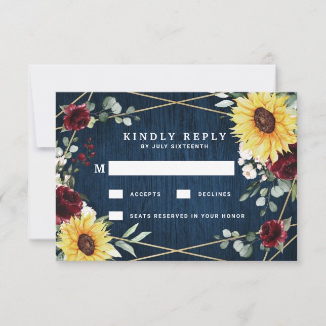 Sunflowers Burgundy Roses Navy Geometric Wedding RSVP Card (Front)