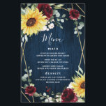 Sunflowers Burgundy Roses Navy Wedding Menu Cards<br><div class="desc">Design features a printed dark navy blue wood grain background with a geometric gold coloured frame that's decorated with burgundy red roses,  blush floral elements,  sunflowers,  greenery and eucalyptus.</div>