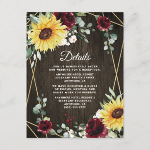 Sunflowers Burgundy Roses Rustic Geometric Wedding Enclosure Card