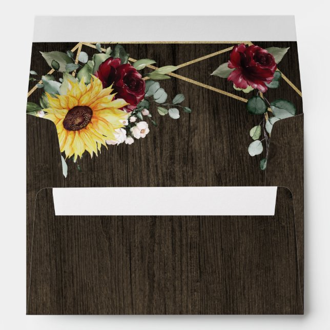 Sunflowers Burgundy Roses Rustic Geometric Wedding Envelope (Back (Bottom))