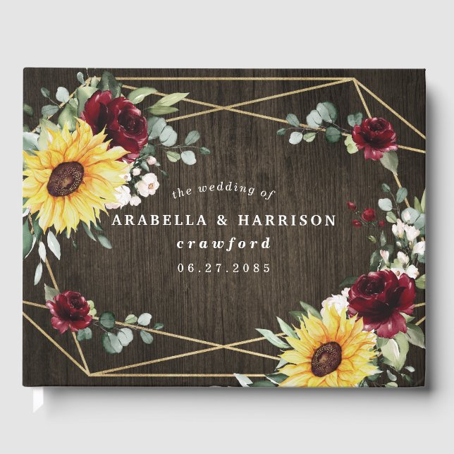 Sunflowers Burgundy Roses Rustic Geometric Wedding Guest Book (Front)