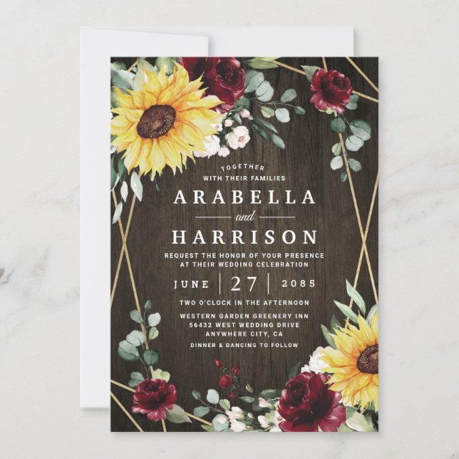 Sunflowers Burgundy Roses Rustic Geometric Wedding Invitation (Front)