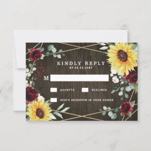 Sunflowers Burgundy Roses Rustic Geometric Wedding RSVP Card