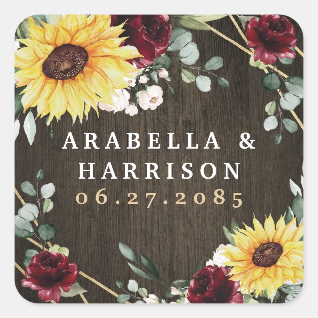 Sunflowers Burgundy Roses Rustic Geometric Wedding Square Sticker (Front)