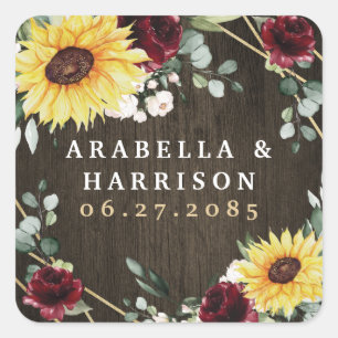 Sunflowers Burgundy Roses Rustic Geometric Wedding Square Sticker