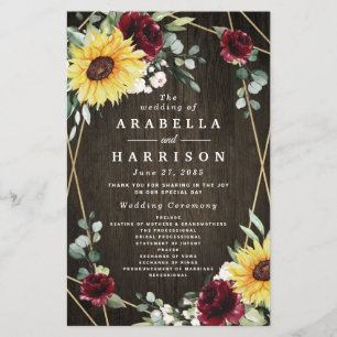 Sunflowers Burgundy Roses Rustic Wedding Programs