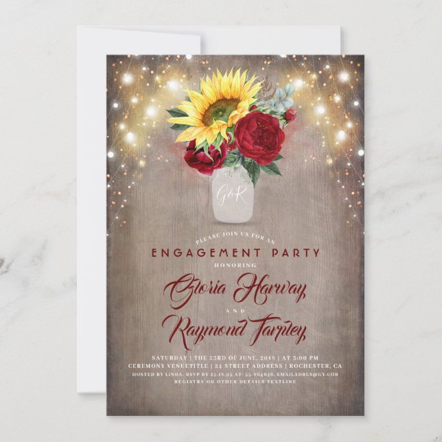 Sunflowers Burgundy Rustic Fall Engagement Party Invitation (Front)