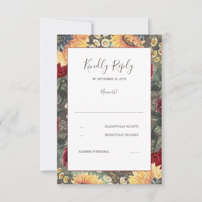 Sunflowers Burgundy Rustic Fall Wedding RSVP (Front)