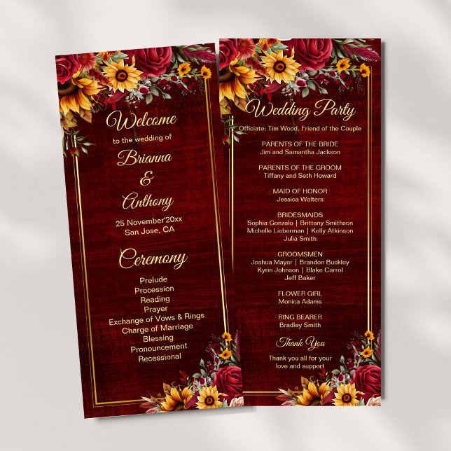 Sunflowers burgundy wedding program menu (Sunflowers burgundy roses fall wedding program order of service ceremony stationery)