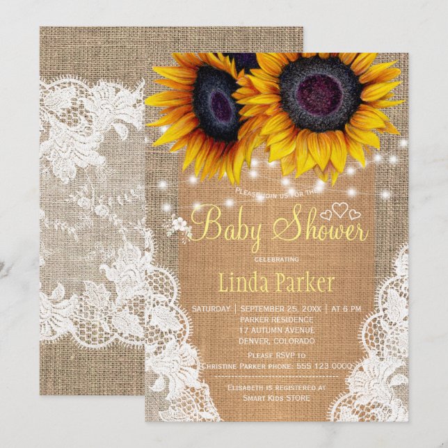 Sunflowers burlap and lace autumn baby shower invitation (Front/Back)
