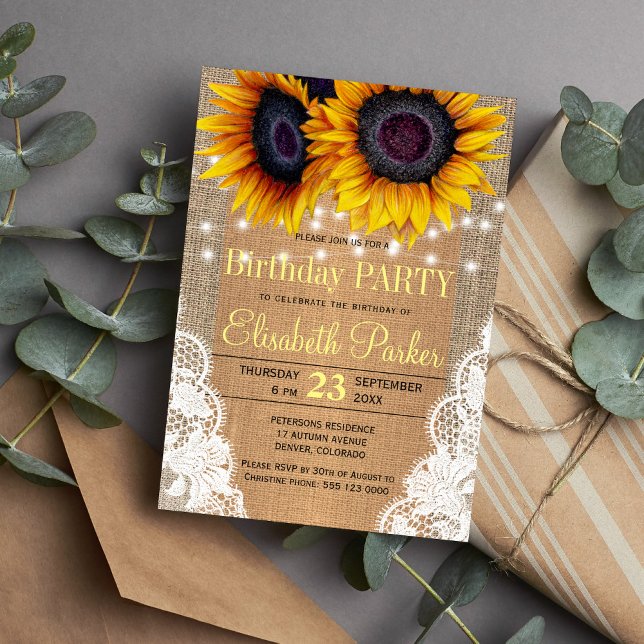 Sunflowers burlap and lace autumn birthday party invitation (Creator Uploaded)