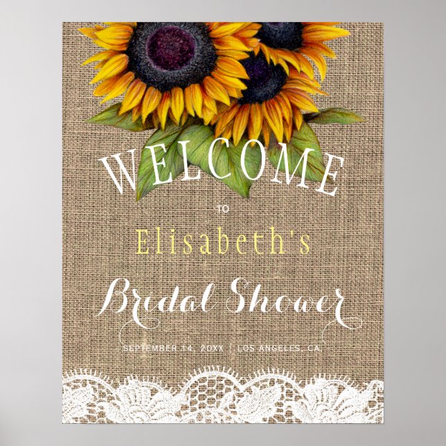 Sunflowers burlap and lace autumn bridal shower poster (Front)