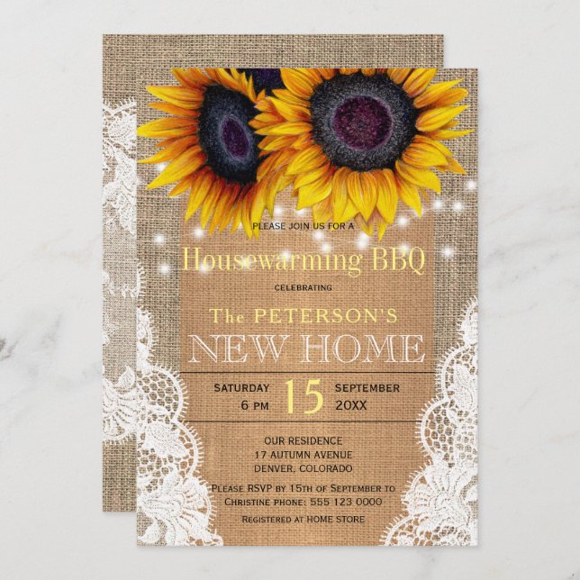 Sunflowers burlap and lace autumn housewarming bbq invitation (Front/Back)