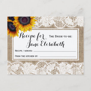 Sunflowers burlap and lace bride to be recipe card