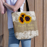 Sunflowers burlap lace wedding maid of honour tote bag<br><div class="desc">Rustic elegant summer or autumn fall wedding stylish mother of the bride / mother of the groom / bridesmaid / maid of honour / matron of honour / flower girl tote bag on beige faux burlap featuring beautiful yellow gold sunflowers bouquets and white lace borders on both faces. Easy to...</div>