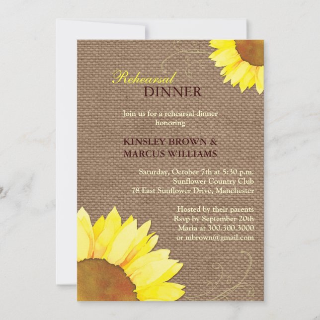 Sunflowers Burlap Wedding Rehearsal Dinner Invitation (Front)