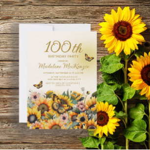 Sunflowers Butterflies 100th Birthday Party Invitation