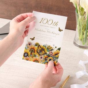 Sunflowers Butterflies 100th Birthday Party  Vellum Invitations