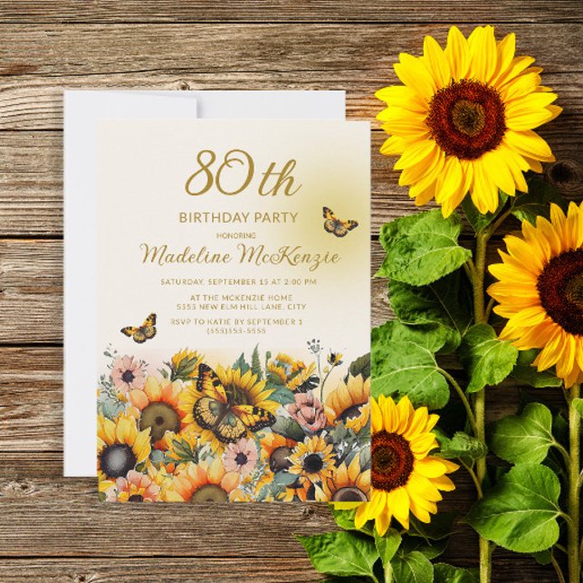 Sunflowers Butterflies 80th Birthday Party Invitation (Creator Uploaded)