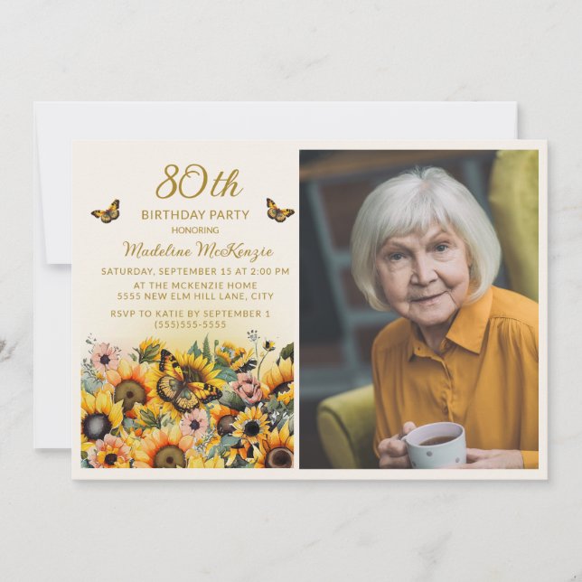 Sunflowers Butterflies 80th Birthday Party Photo Invitation (Front)