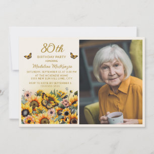 Sunflowers Butterflies 80th Birthday Party Photo Invitation