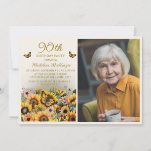 Sunflowers Butterflies 90th Birthday Party Photo Invitation