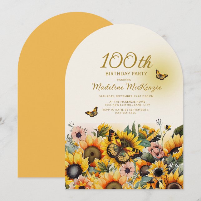 Sunflowers Butterflies Arch 100th Birthday Party Invitation (Front/Back)