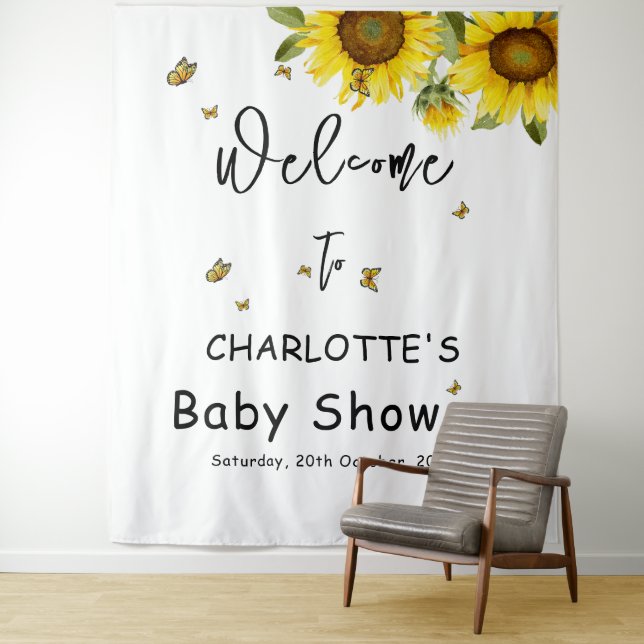 Sunflowers & Butterflies Baby Shower Backdrop Tapestry (In Situ)