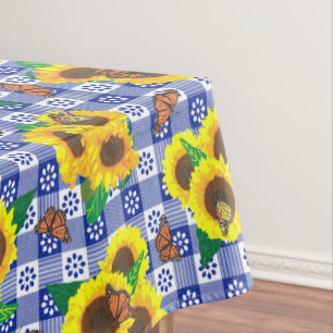 Sunflowers Butterflies Blue Gingham Tablecloth