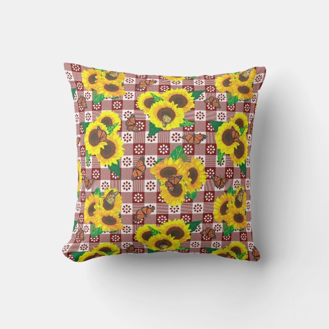 Sunflowers Butterflies Red Gingham Cushion (Front)