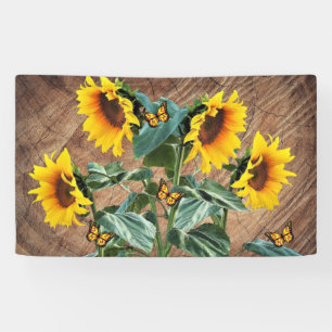 Sunflowers Butterflies Rustic Barn Board Banner