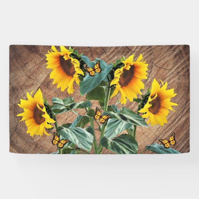 Sunflowers Butterflies Rustic Barn Board Banner (Horizontal)