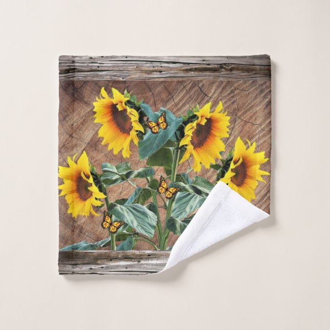 Sunflowers Butterflies Rustic Barn Board Bath Towe Bath Towel Set (Wash Cloth)