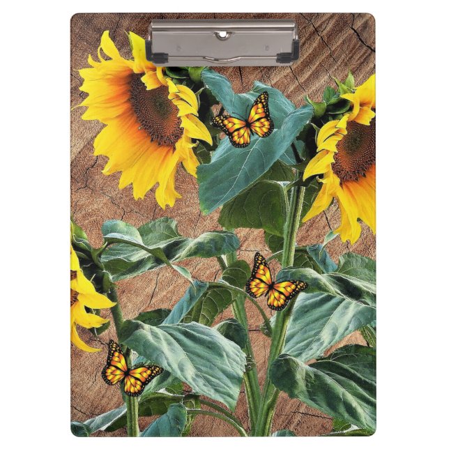 Sunflowers Butterflies Rustic Barn Board Clipboard (Front)
