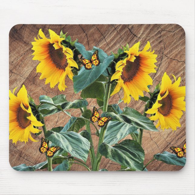 Sunflowers Butterflies Rustic Barn Board Mouse Mat (Front)