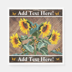 Sunflowers Butterflies Rustic Barn Board Napkin