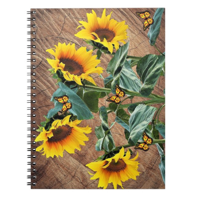 Sunflowers Butterflies Rustic Barn Board Notebook (Front)