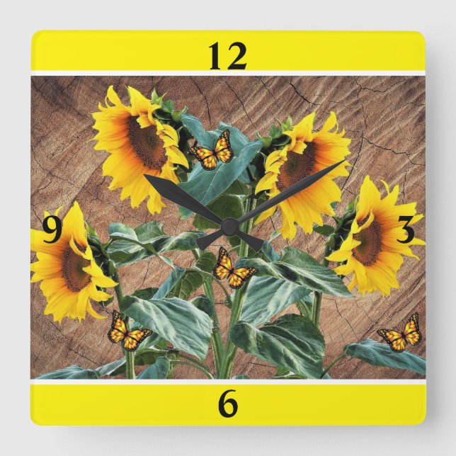 Sunflowers Butterflies Rustic Barn Board Square Wa Square Wall Clock (Front)