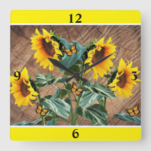 Sunflowers Butterflies Rustic Barn Board Square Wa Wall Clock