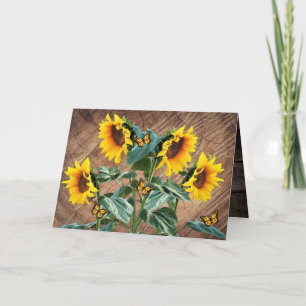 Sunflowers Butterflies Rustic Barn Board Thank You Card