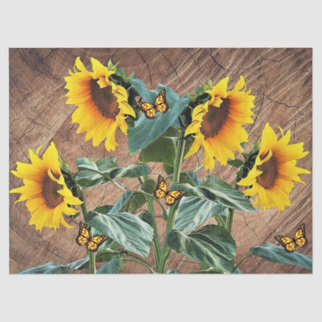 Sunflowers Butterflies Rustic Barn Board Tissue Paper (Front)