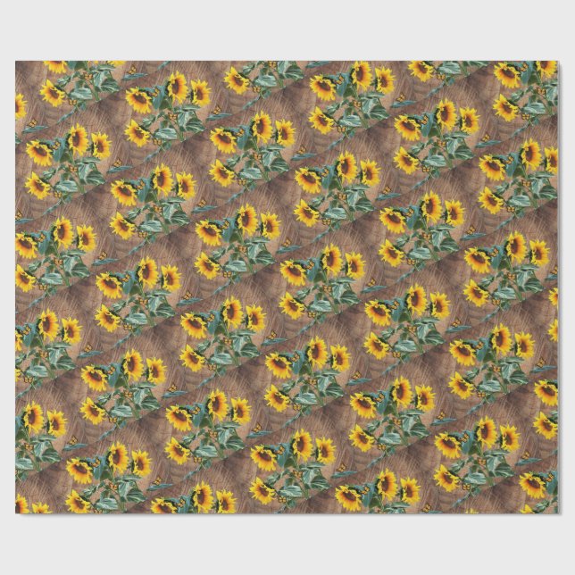 Sunflowers Butterflies Rustic Barn Board Wrapping Paper (Flat)