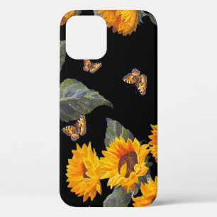 Sunflowers & Butterflies: Watercolor Black Backgro iPhone 12 Case